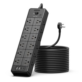 24 Widely Outlets Extension Cord 15 Ft NTONPOWER 15A/1875W Power Strips with Surge Protection 4000J,Black Extension Cord Surge Protector with 4 USB Ports(2 USB C), Wall Mount Holes for Home, Office