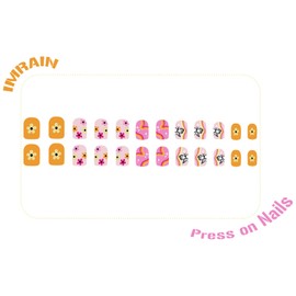 IMRAIN Spring Press on Nails Extra Short Square Fake Nails Glue on Nails Full Cover Acrylic Orange Pink False Nails with Flower & Butterfly Design Nail Art Glossy Cute Squoval Stick on Nails