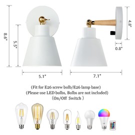 ClanKin White Wall Sconces Lighting Fixture Set of 2, Angle Adjustable Wall Mounted Bedside Lamp with On-Off Switch for Industrial Bedroom Bathroom Hallway Living Room (2Pack-White)