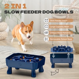 UPSKY Slow Feeder Dog Bowl, 2-in-1 Raised Dog Bowl with Anti-Choking Maze Puzzle, 2-6 Cups Pet Food for Small & Medium Breeds, Interactive Pet Feeder to Slow Eating, Reduce Boredom Blue
