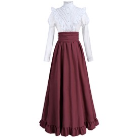 FCCAM Victorian Dress for Women 1800s Classic 2-Piece Renaissance Dress Costume Ruby S