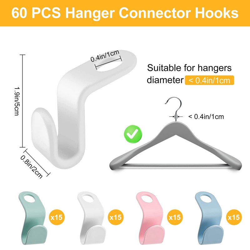 Pack of 60 Clothes Hangers Connecting Hooks, Space-Saving Hangers Hooks,
