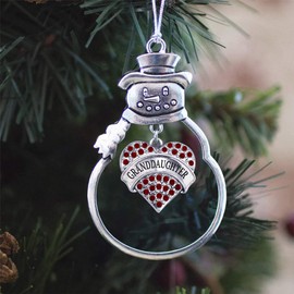 Inspired Silver - Granddaughter Red - Silver Christmas Ornament - Red Pave Heart Charm Christmas Tree Ornament with Cubic Zirconia - Snowman Hanging Decoration