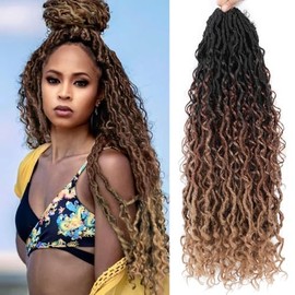 18Inch 6 Packs 12Strands/pack River Goddess Faux Locs Crochet Hair With Curly Hair In Middle And Ends Pre-Looped Crochet Braids Messy Bohemian Faux Locs Hair Extensions 1B/30/27#