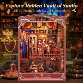 FUNPOLA LED 3D Puzzle Magic Studio Book Nook Kit - DIY Wooden Mechanical Miniature Bookshelf Insert with LED Lights and Music Box - Creative Gift for Adults and Teens