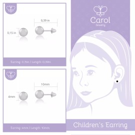 Carol Jewelry 18k Solid White Gold Ball 4 mm Push Back Stud Earrings for Infants and Toddlers