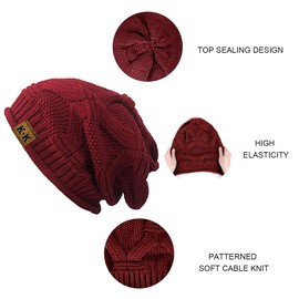 Beanie Hat Women - Winter Warm Knitted Beanies Ladies Thermal Wooly Hat Soft Stretch Slouchy Beanie Skull Cap Cable Knit Hat for Women Girls Outdoor UK WineRed