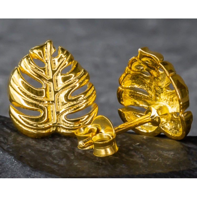 Mini Stud Earrings Leaf Monstera – Gold-Plated Silver 925 Sterling