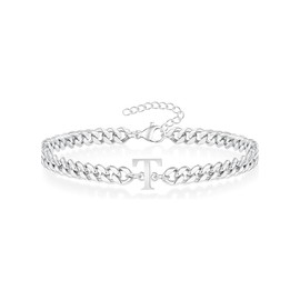 TAGOMEI Silver Initial Bracelets for Men Gifts for Boyfriend Easter Basket Stuffer Birthday Gifts for Men A-Z Letter Bracelet Boyfriend Dad Husband Adjustable Stainless Steel Cuban Link Chain