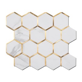 Soulscrafts Hexagon Peel and Stick Backsplash Tile for Kitchen Bathroom Wall, White Marble Stone Look PVC with Gold Metal Self-Adhesive Mosaic Tiles (5 Sheets)