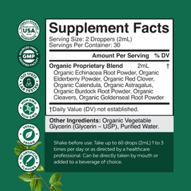 Certified Organic Lymphatic Drainage Drops - Herbal Lymphatic Cleanse and Immune Support Supplement with Echinacea Goldenseal & Red Clover Extract - Vegan Non GMO Alcohol and Sugar Free - 30 Servings