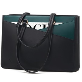 LOVEVOOK Laptop Bag for Women 15.6 Inch Tote Bags Waterproof Leather Briefcase Computer Women Business Office Work Bag,Black/Green