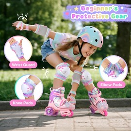 Knee Pads for Kids - ZOOBLISS Toddler Knee and Elbow Pads Set Wrist Guards for Skating Girls Aged 3-12, Kids Protective Gear for Roller Skates Skateboard Bike Scooter, Included Drawstring Bag(Rainbow)