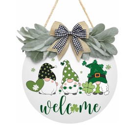 St Patrick's Day Welcome Sign For Front Door Porch Decor Shamrock Hanging Door Sign Gnomes Pattern Decoration | 12" Round Wooden Wreaths Wall Hanging Outdoor, Farmhouse,for Spring Summer Fall All Seasons Holiday Halloween Christmas