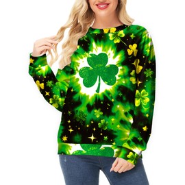 Deerose St Patrick's Tie Dye Sweatshirt for Women Green Shamrock Printed Long Sleeve Shirts Clover Irish Novelty Tops S