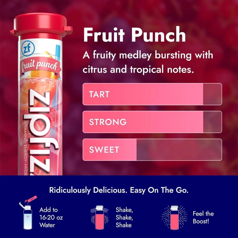 Zipfizz Daily Energy Drink Powder, Fruit Punch, 20 Pack 3-in-1