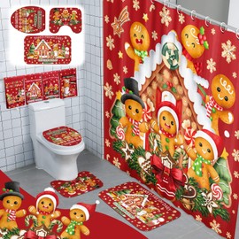 FuWeave 8 Pcs Christmas Shower Curtain Set Xmas Santa Bathroom Decoration Christmas Tree Hand Towels Snowman Toilet Lid Cover Bathroom Rugs Xmas Shower Curtain with Hooks(Gingerbread Man)