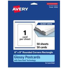 Avery Printable Rectangle Cards with Rounded Corners with Sure Feed Technology, 6" x 9", Glossy White Cardstock, Print-to-The-Edge, Laser/Inkjet, 50 Total, Great for Postcards and Thank You Cards