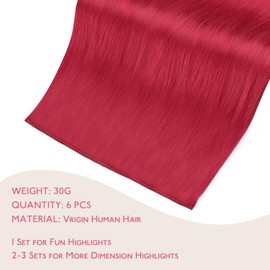WENNALIFE Red Clip in Hair Extensions Real Human Hair 30g 6pcs 18 Inch Colored Hair Extensions for Kids Women Colorful Hair Pieces Pop-up Style Straight Extensiones De Cabello Humano Con Clip