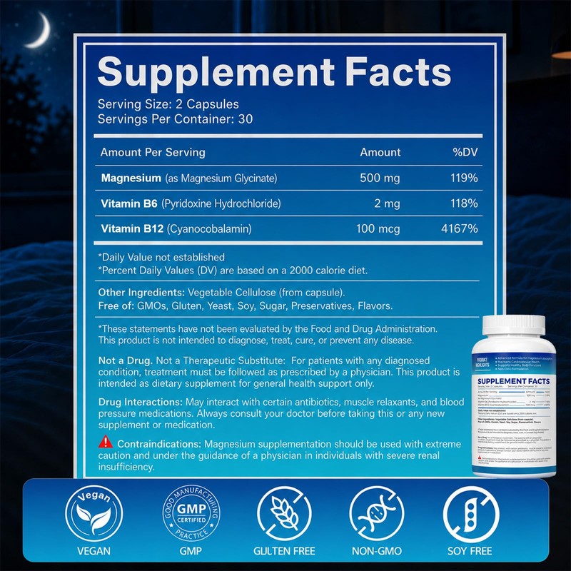 Magnesium Glycinate 500mg – NSF Certified – with B6 &