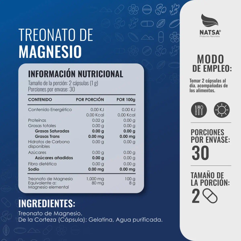 Treonato Magnesio Natsa Cápsulas Maxima Absorción Mejora Sueño Memoria Concentración