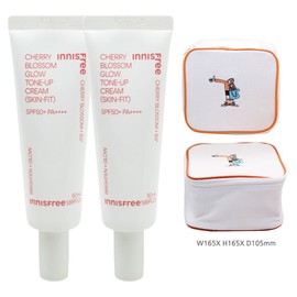 Innisfree Cherry Blossom Glow Tone-Up Cream Skin Fit 2pcs + Cleanser + Play Green Cosmetic Pouch (Yellow) / 이니스프리 왕벚꽃 글로우 톤업 크림 스킨 핏 2개+클렌저+플레이그린 화장품 파우치 (옐로우)