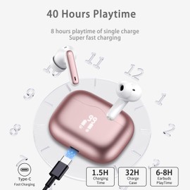 Wireless Earbuds, Bluetooth 5.3 Headphones in Ear with HiFi Stereo Deep Bass, 4 ENC Noise Cancelling Mic Wireless Earphones 40H Playtime, Bluetooth Earbuds Dual LED Display, IP7 Waterproof, Rose Gold