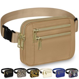 Capolo Fanny Packs for Women Fashion Waist Packs Bag with Adjustable Strap and 6 Zipper Pockets Waterproof Everywhere Crossbody Belt Bag for Workout Running Travelling(Khaki, Large)
