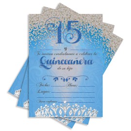 25 Quinceañera Party Invitations 5x7 Double Sided Blue Cards For Girl's 15th Birthday includes Envelopes (Spanish/En Espanol) (Blue/Family)