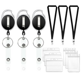 3 Pack Retractable Badge Reels, Heavy Duty Carabiner Clip Badge Holder, 6 Pcs Clear ID Card Holder with Lanyard for Work, Office, School, 24 inches Pull Cord