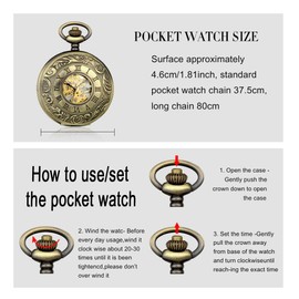 MICGIGI - Unisex Pocket Watch with Necklace Chain Analogue Hand Winding Bronze Roman Numerals Mechanical Pocket Watches, Classic