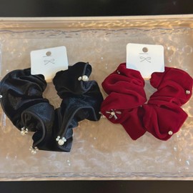 Velvet Hair Scrunchies with Pearl and Crystal Accents, Black and Red, 2 Pack