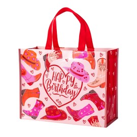WRAPAHOLIC Large Reusable Birthday Gift Bag with Handles - 10 x 5 x 13 inch - Cowgirl Happy Birthday