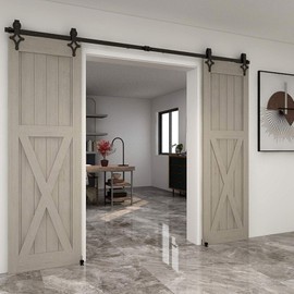 CCJH 12 FT Sliding Barn Door Hardware Track Kit & Barn Door Floor Guide Heavy Duty Sturdy Smoothly and Quietly Fit Max 36" Wide Door Double Door Hanging Rail