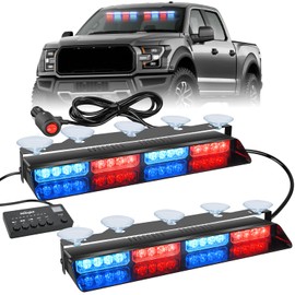 Nilight 32LED Red Blue Emergency Dash Strobe Lights with Controller Suction Cups Warning Hazard Interior Front/Rear Windshield Deck Split Light Bar for Trucks Construction Vehicles