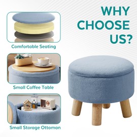 FIMIVIBI Small Foot Stool Ottoman with Storage, Faux Fur Ottoman Foot Rest for Couch, Round Footstool with Storage, Small Ottomans and Footstools for Living Room and Entryway (Light Blue)