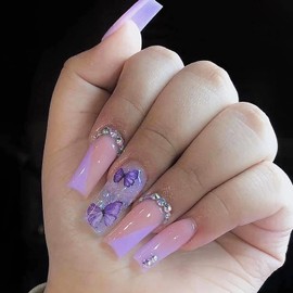 MERVF Press on Nails Long Coffin Fake Nails Purple French Tip Ballerina Acrylic Nail with Glitter Rhinestones Designs Butterfly Glue ons 24pcs Glossy