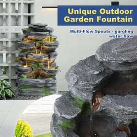 MAGIC UNION 7-Tier Cascading Rock Water Fountain, Outdoor Freestanding Fountains with LED Lights and Pump, Outdoor Garden Waterfall Decor for Patio, Yard and Deck Decor, Natural Stone Look (24" H)