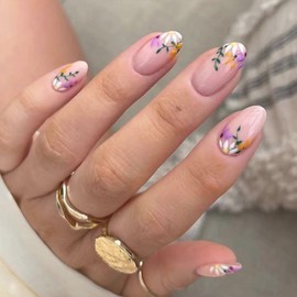 YOSOMMK Press on Nail Short Almond Fake Nail with Flower Designs Nude Glossy Full Cover Square False Nails Cute Glue on Acrylic Nails for Women and Girls