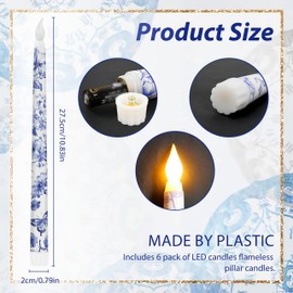 Kuabiz 12 Pcs Chinoiserie Flameless Candles 10.8 Inch Floral Taper Candles Blue and White Battery Operated Candle Chinoiserie Decor for Wedding Table Centerpiece Garden Home Party Decor Supplies