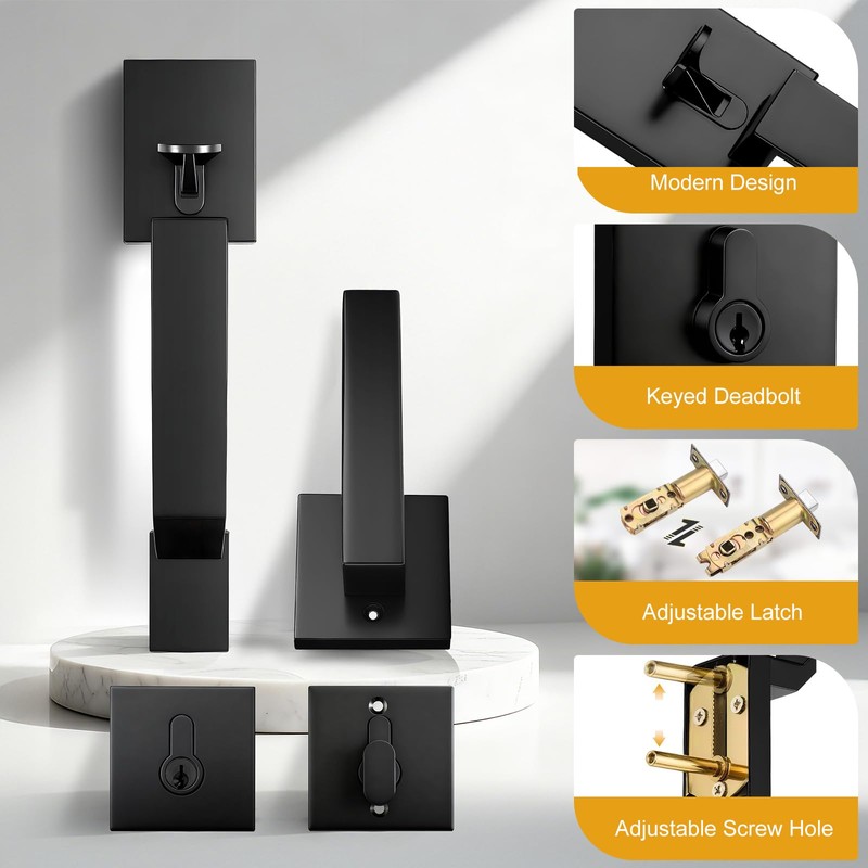 Probrico Black Front Door Handle Set,Exterior Door Handle with Deadbolt,Entry