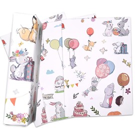 4 PCS Wrapping Paper Sheets, Recyclable Bunnies and Balloons Baby Blue Animal Gift Wrap Perfect for New Baby Boy or Girl Easter, Baby Shower Wrapping Paper (White)
