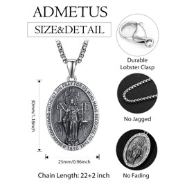 ADMETUS Miraculous Medal 925 Sterling Silver Virgin Mary Necklace for Women Virgen de Guadalupe Necklace Oval Our Lady of Guadalupe Pendant Protection Jewelry Religious Gifts for Men