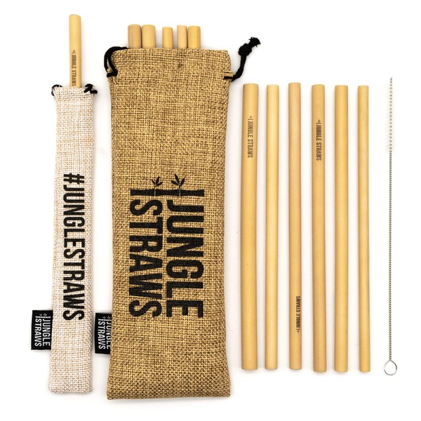 Jungle Straws® Reusable Bamboo Straws | Eco Friendly Natural Drinking Straw Set of 12, Cleaning Brush, Travel Pouch & Storage Bag | Organic Biodegradable Wooden Straws | 100% Zero Waste & Plastic Free
