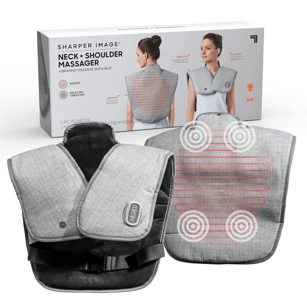SHARPER IMAGE Heated Neck and Shoulder Massager for Pain Relief Adjustable Heat Level Wrap & Vibrating Massage Spa Therapy Home Remedy Solutions