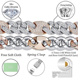 TOPGRILLZ 20mm 14K Gold Plated Iced out Cubic Zirconia Miami Cuban Link Chain for Men with Box Clasp Hip Hop (White Gold and Rose Gold, 22)