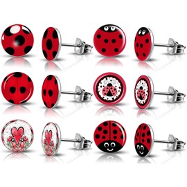 SIISPRI 6Pairs Ladybug Women Earrings Set Cute Bug Little Ladybird Earrings Round Circle Button Stud Post Earrings 10MM (Silver)
