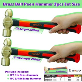 WEDO 2PCS Brass Ball Peen Hammer Set,3/4lb+1lb,Fiberglass Handle,Die-Forged,Corrosion Resistant,DIN Standard
