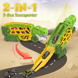 Aoskie Dinosaur Truck Toys for Boys Ages 3 4 5 6 7 8, 2-in-1Tyrannosaurus Transporter Transforming Car, Car Carrier Truck with 6 Pull Back Dinosaur Cars, Dino Figures, Gift for Boys & Toddler Toys