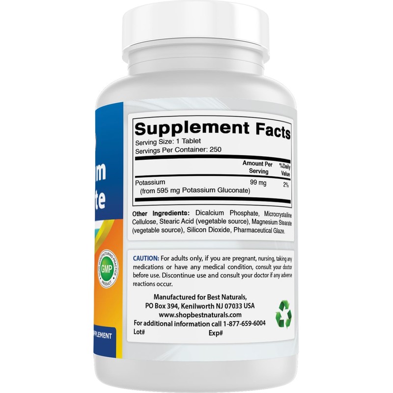 Best Naturals Potassium Gluconate Supplement 595 Mg Tablet, 250Count